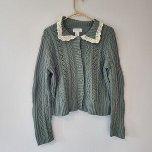 Jessica Simpson Sage Green Cable-Knit Cardigan with Crochet Collar